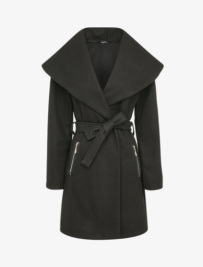 Manteau à col large et poches à zips décoratifs - Noir - 4