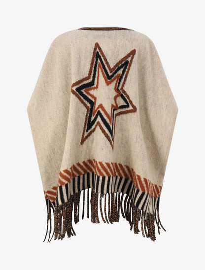 Poncho à franges et motif étoile - Beige - 2