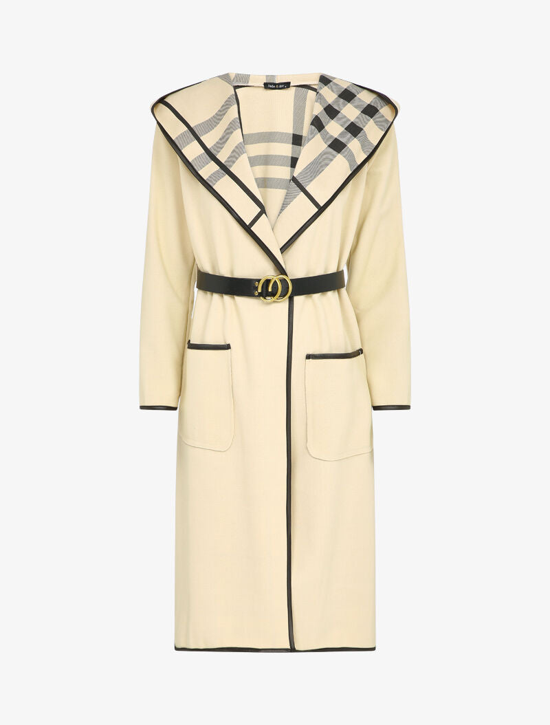 Manteau long à capuche à revers à carreaux - Beige - 4