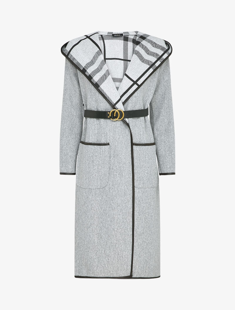 Manteau long à capuche à revers à carreaux - Gris chiné - 4