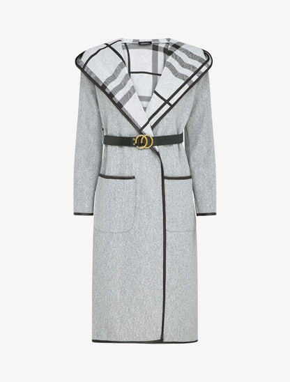 Manteau long à capuche à revers à carreaux - Gris chiné - 4