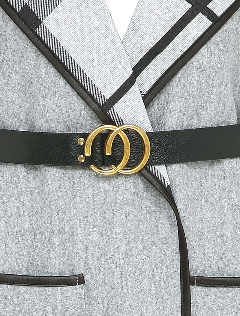 Manteau long à capuche à revers à carreaux - Gris chiné - 3