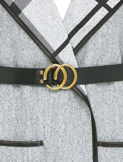 Manteau long à capuche à revers à carreaux - Gris chiné - 3