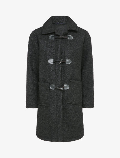 Manteau style duffle coat en maille bouclette - Noir - 1