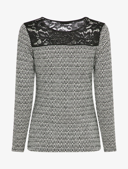 Pull à empiècement dentelle et motif géométrique - Noir/blanc - 2