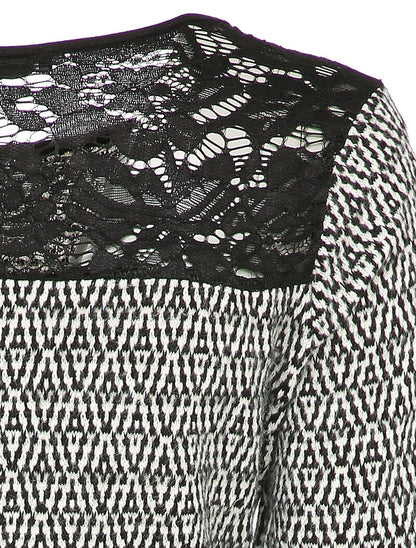 Pull à empiècement dentelle et motif géométrique - Noir/blanc - 3