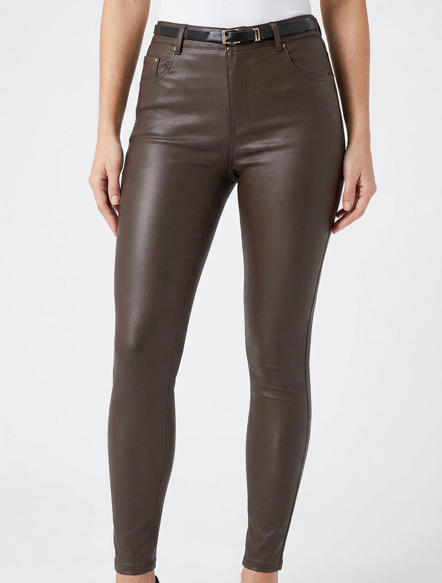 Pantalon effet enduit coupe skinny - Marron