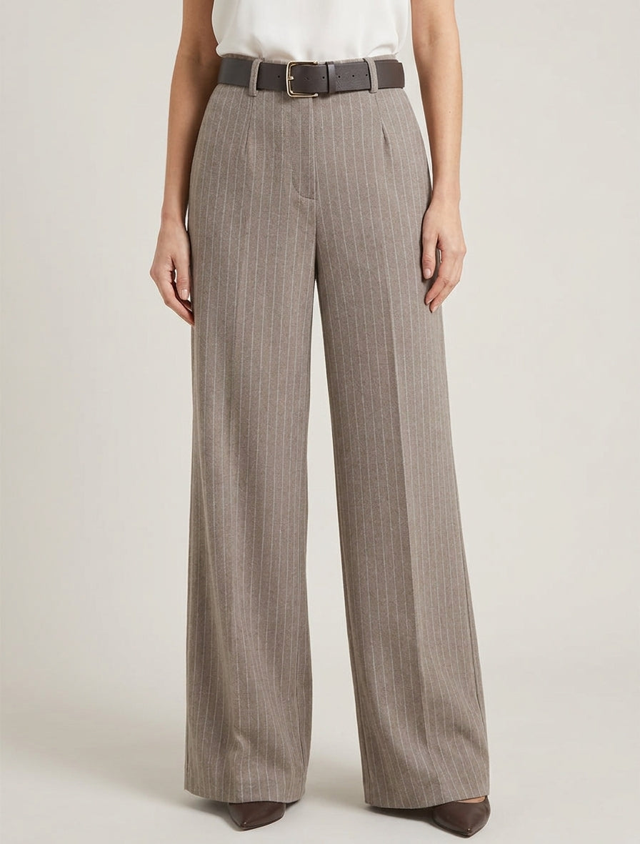 Pantalon ample taille haute à rayures - Taupe