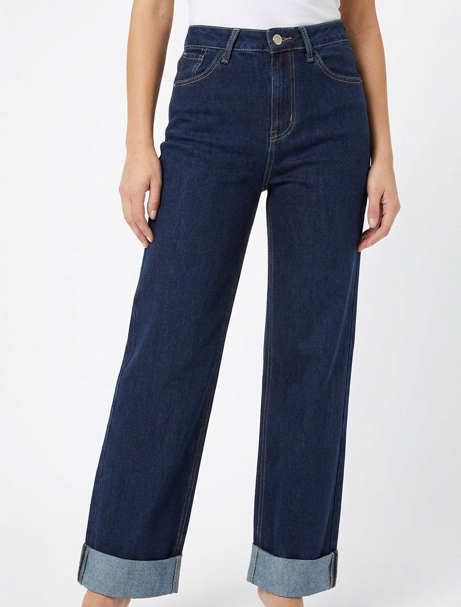 Jean à revers coupe wide leg - Bleu brut