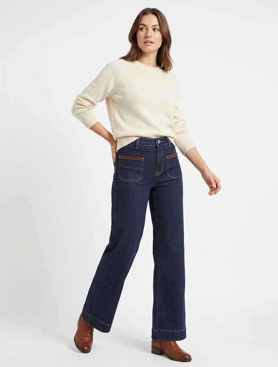 Jean à détail suédine coupe wide leg - Bleu brut