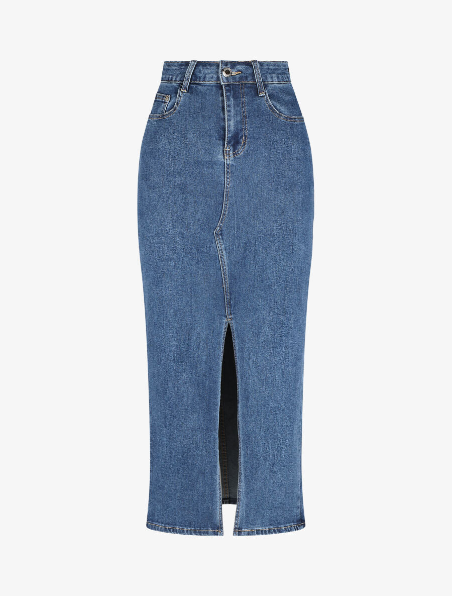 Jupe en jean taille haute fendue - Bleu
