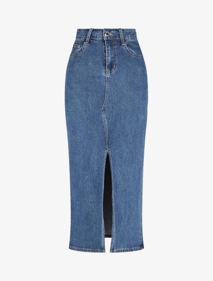 Jupe en jean taille haute fendue - Bleu