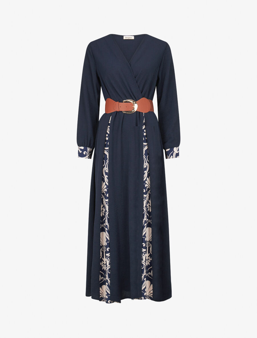 Robe longue à pans imprimé baroque - Marine - 4