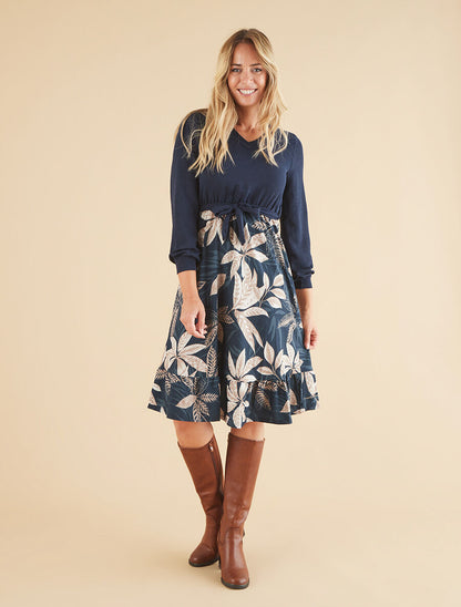 Robe patineuse à jupe imprimé tropical - Marine - 4