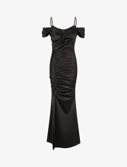 Robe longue fendue à épaules dénudées - Noir - 5