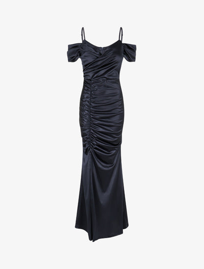 Robe longue fendue à épaules dénudées - Marine - 1