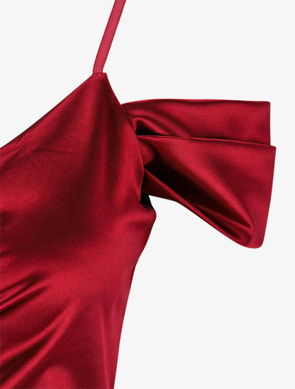 Robe longue fendue à épaules dénudées - Bordeaux - 3