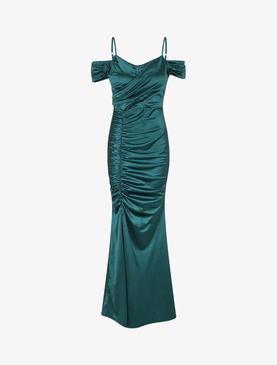 Robe longue fendue à épaules dénudées - Vert sapin - 1