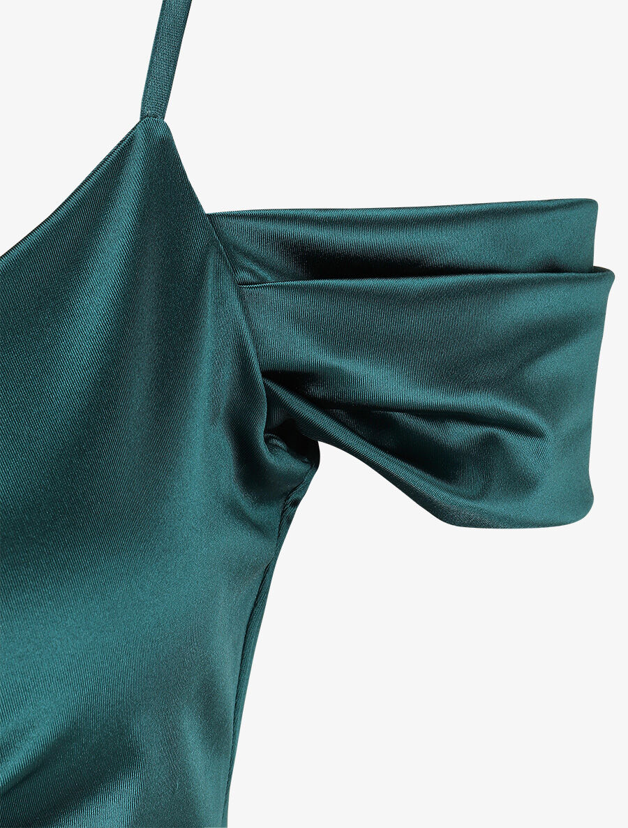 Robe longue fendue à épaules dénudées - Vert sapin - 3