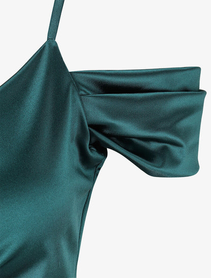 Robe longue fendue à épaules dénudées - Vert sapin - 3