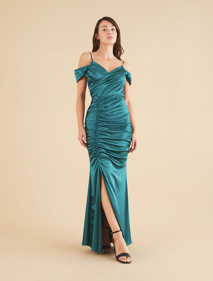 Robe longue fendue à épaules dénudées - Vert sapin - 4