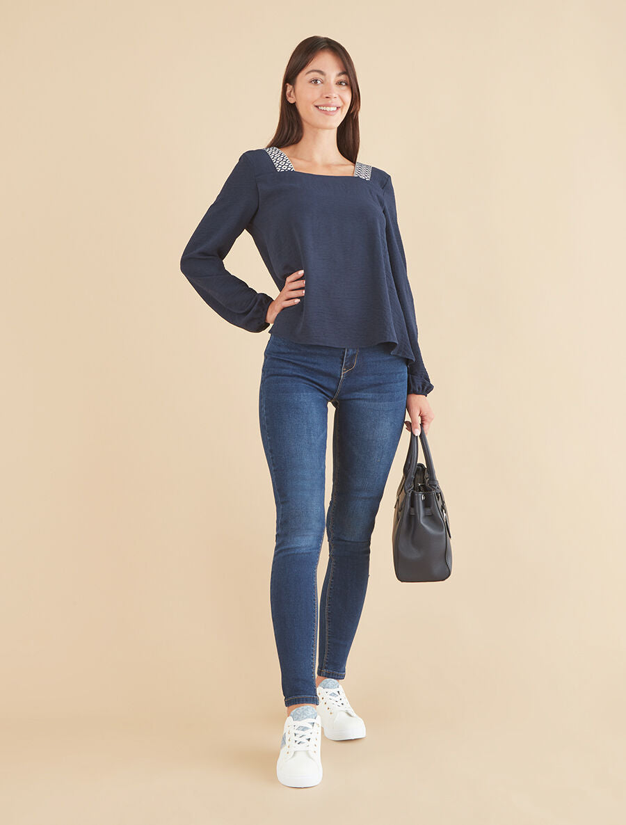 Top à col carré imprimé fantaisie - Marine - 4