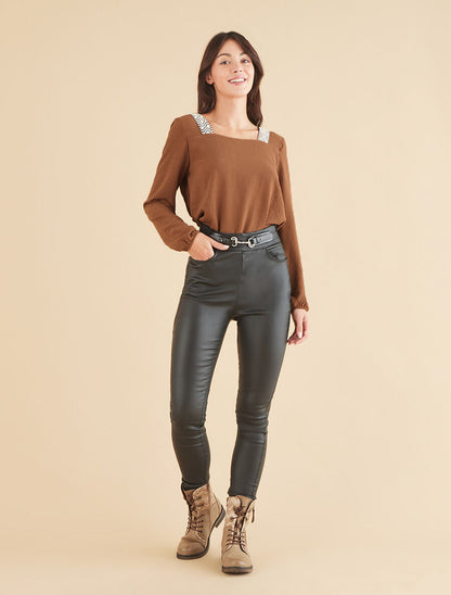 Top à col carré imprimé fantaisie - Taupe - 4