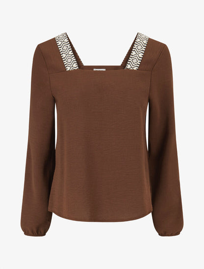 Top à col carré imprimé fantaisie - Marron - 5