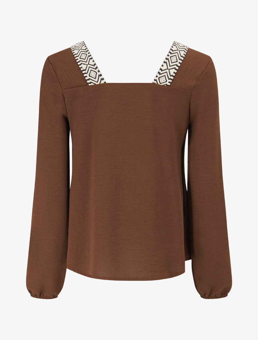 Top à col carré imprimé fantaisie - Marron - 2