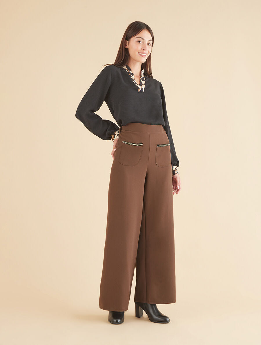 Pantalon droit à poches brodées - Marron - 4