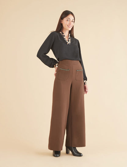 Pantalon droit à poches brodées - Marron - 4
