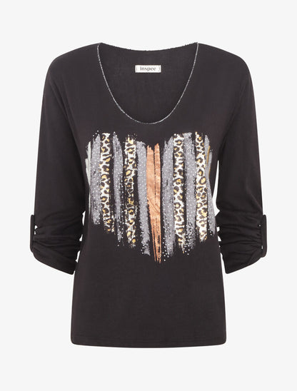 Pull fin à flocage coeur et strass - Noir - 1