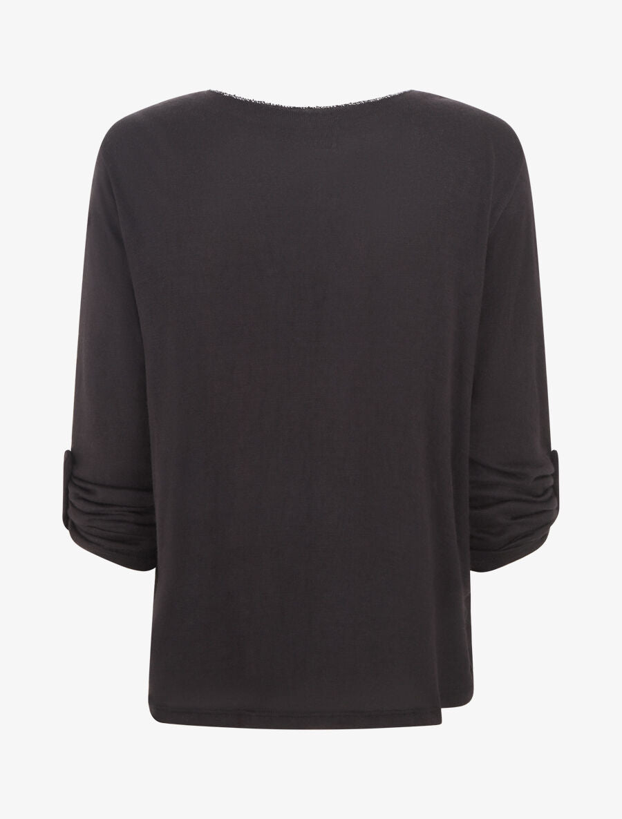 Pull fin à flocage coeur et strass - Noir - 2