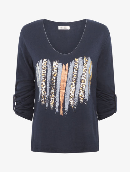 Pull fin à flocage coeur et strass - Marine - 4