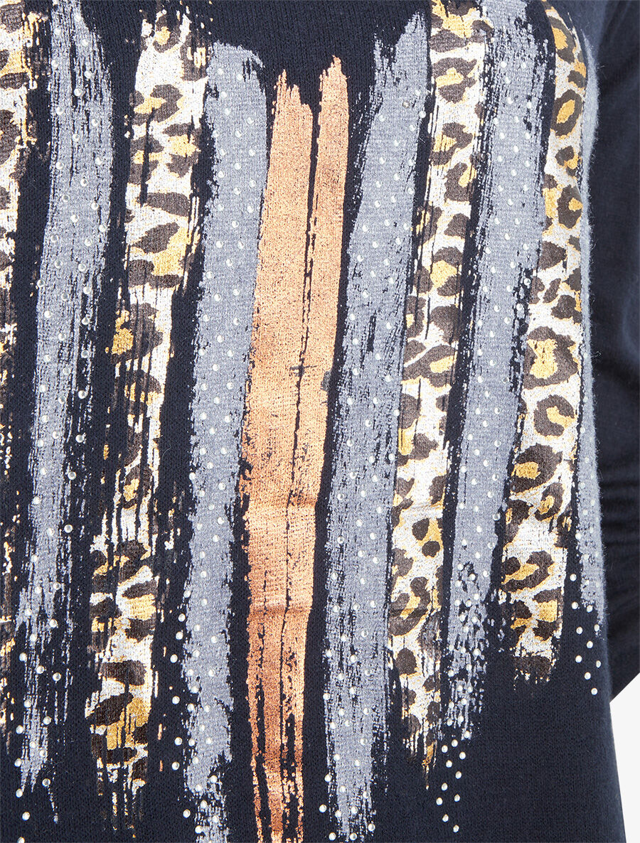 Pull fin à flocage coeur et strass - Marine - 3