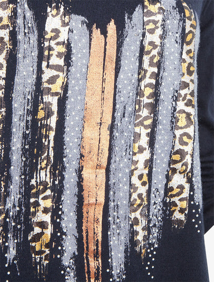 Pull fin à flocage coeur et strass - Marine - 3