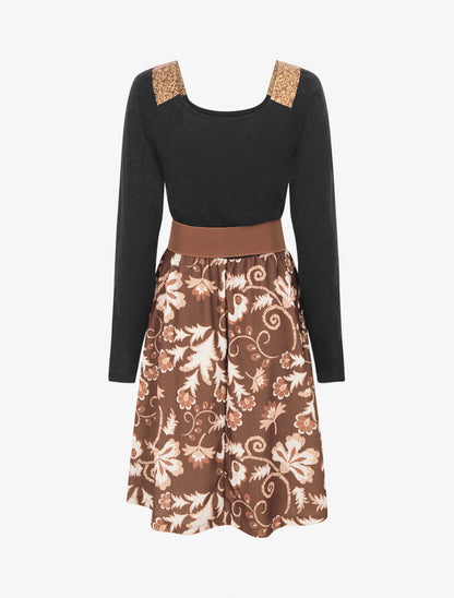 Robe bimatière à col à bandes élastiquées stylisées - Marron - 2