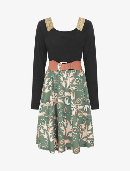 Robe bimatière à col à bandes élastiquées stylisées - Kaki - 4