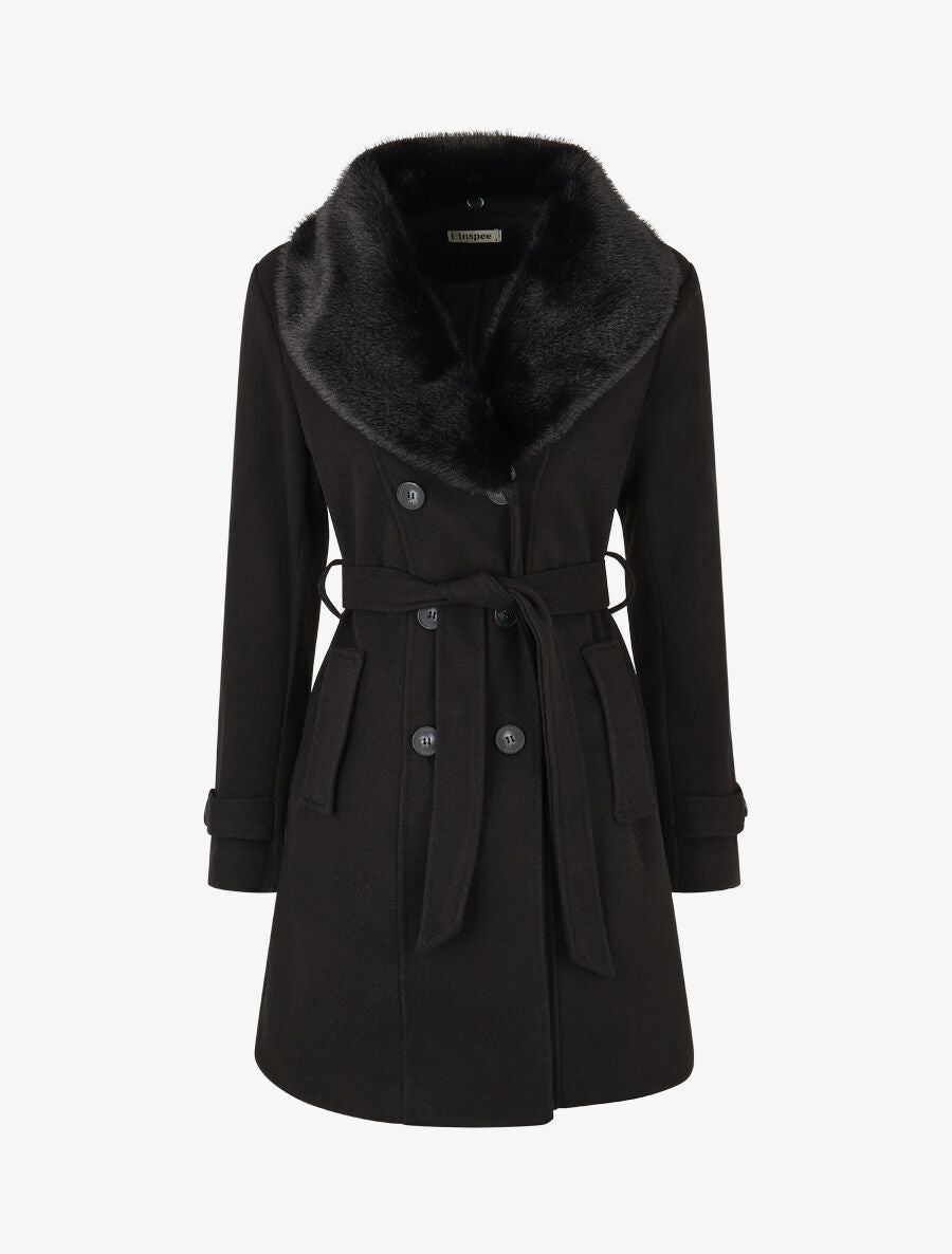 Manteau uni à col en fourrure synthétique - Noir - 1