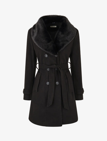 Manteau uni à col en fourrure synthétique - Noir - 1