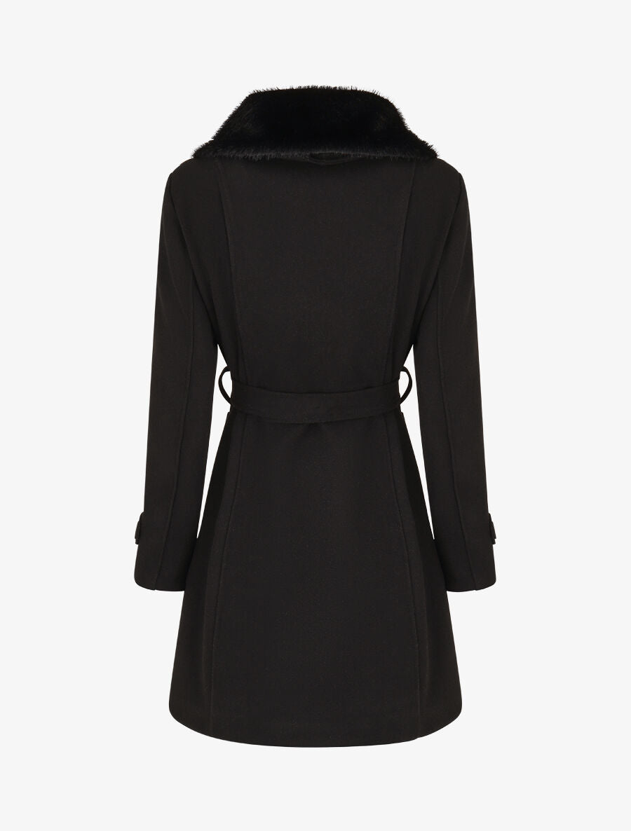 Manteau uni à col en fourrure synthétique - Noir - 2