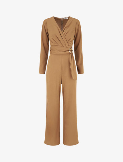 Combinaison ceinturée à col cache-coeur - Camel - 4
