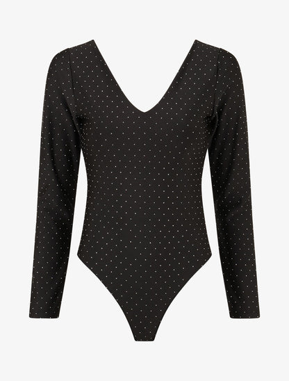 Body uni strassé à col V - Noir - 1