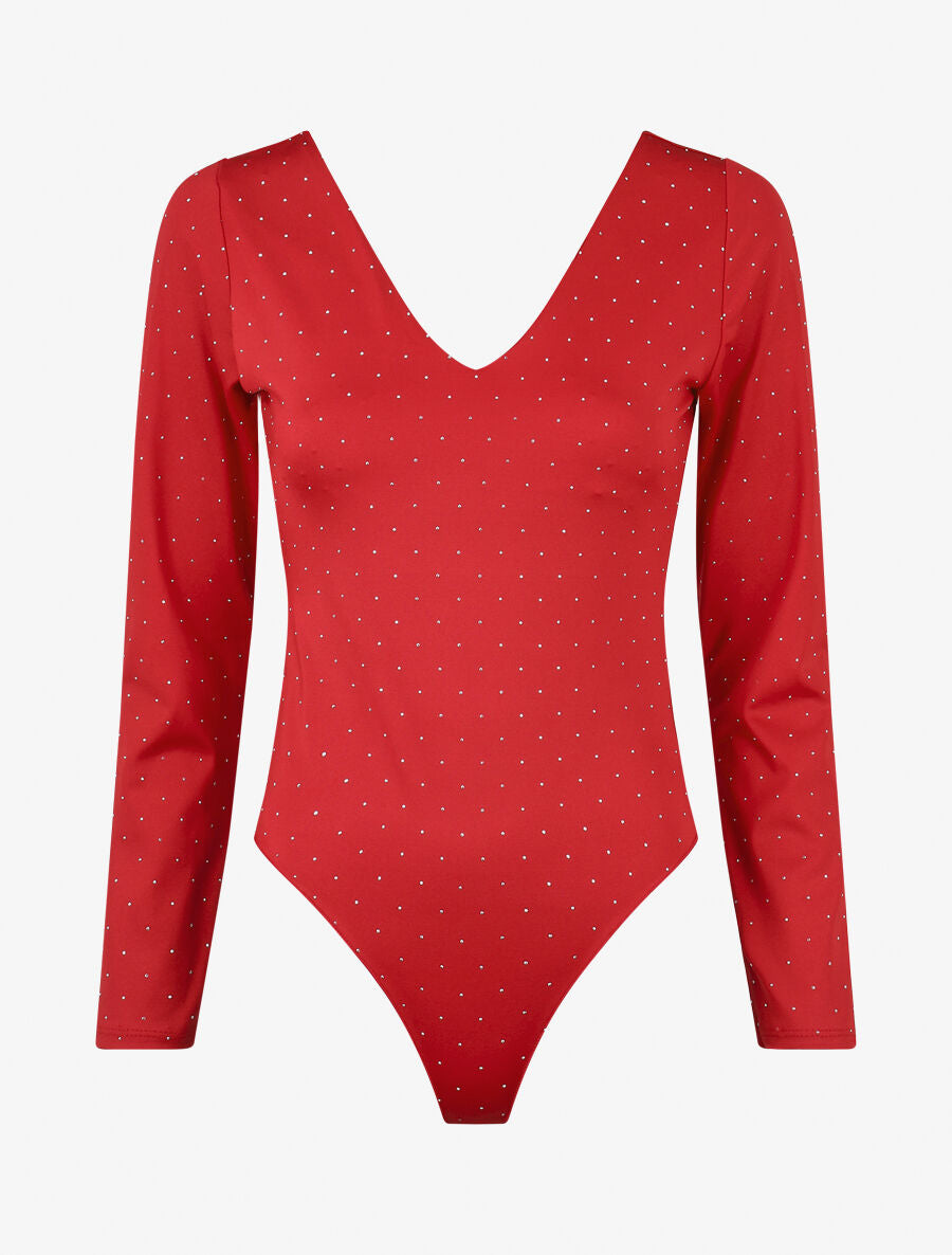 Body uni strassé à col V - Rouge - 5