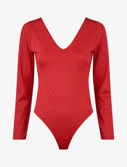 Body uni strassé à col V - Rouge - 5