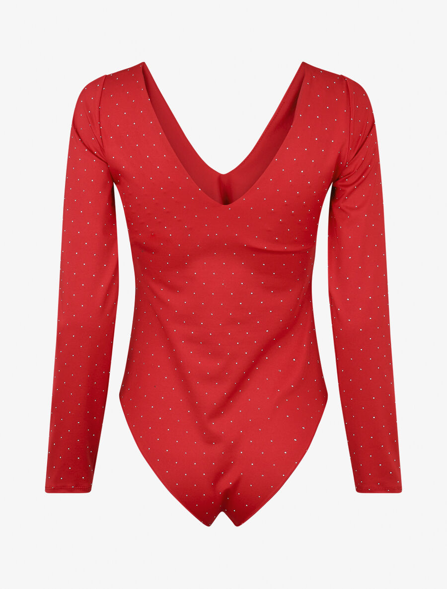 Body uni strassé à col V - Rouge - 2