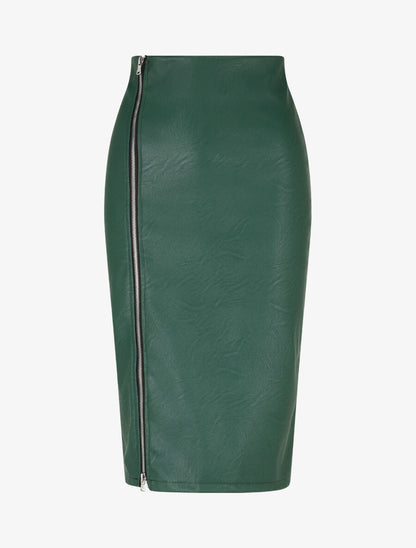 Jupe mi-longue zippée en simili - Vert - 1