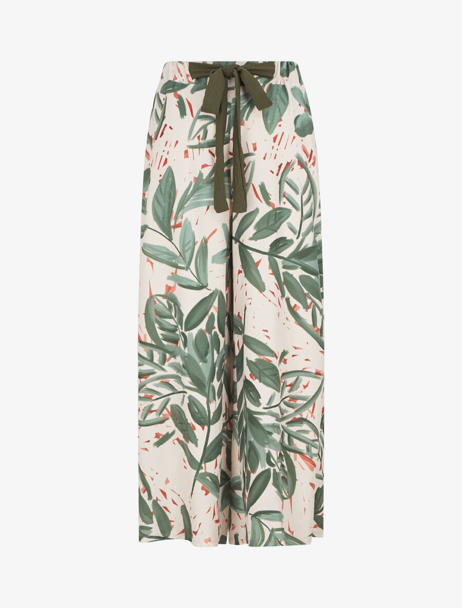 Pantalon ample taille haute imprimé feuilles - Vert olive - 4
