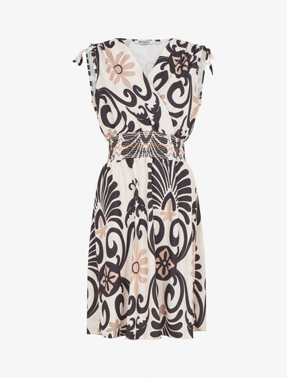 Robe élastiquée à imprimé ikat - Noir - 1