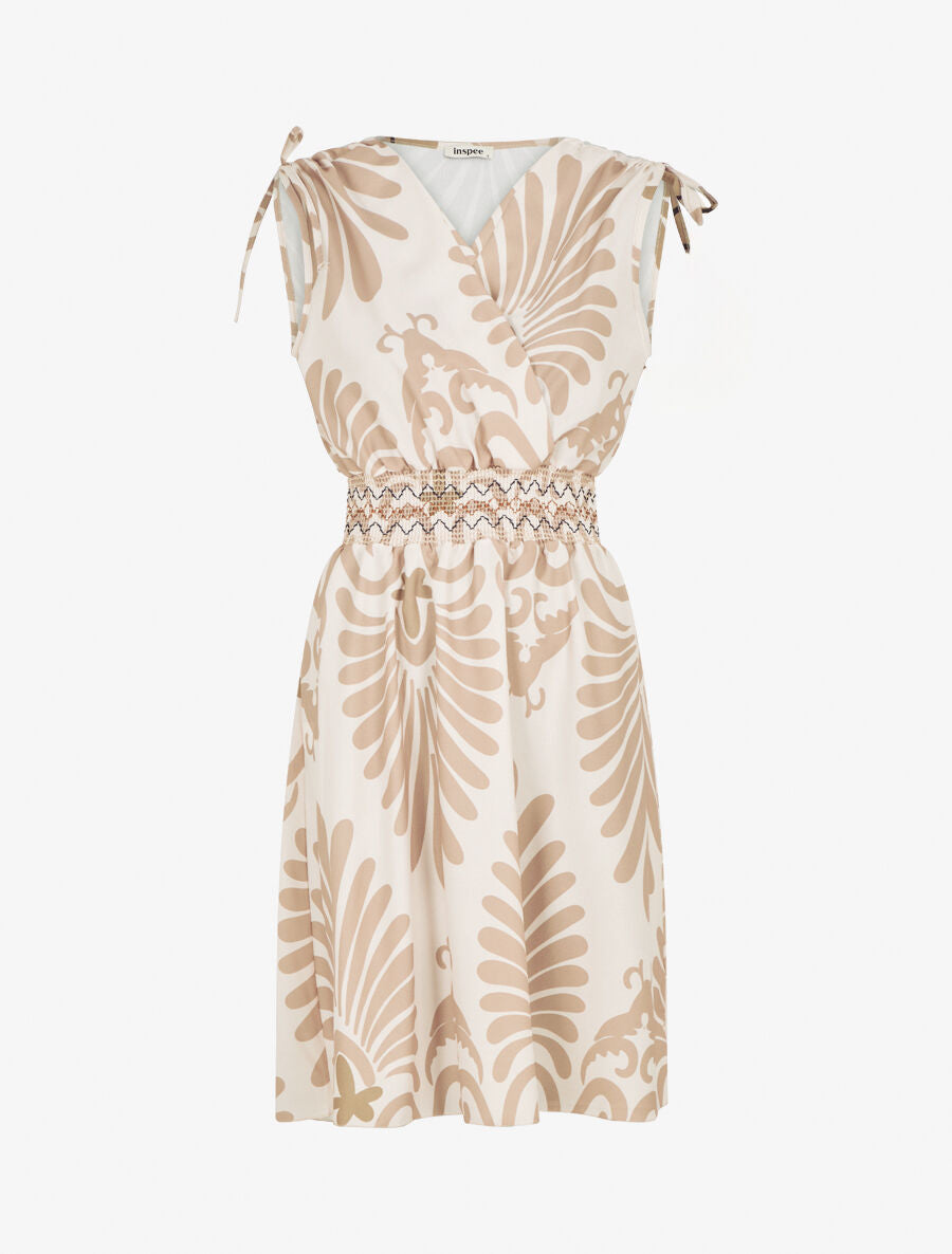 Robe élastiquée à imprimé ikat - Beige - 1